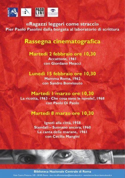 Rassegna Pasolini alla Biblioteca Nazionale Centrale di  Roma. Locandina