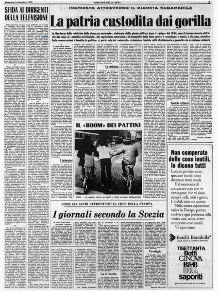 "Il Corriere della Sera" con l'articolo corsaro di Pasolini "Sfida ai dirigenti della televisione" (1974)