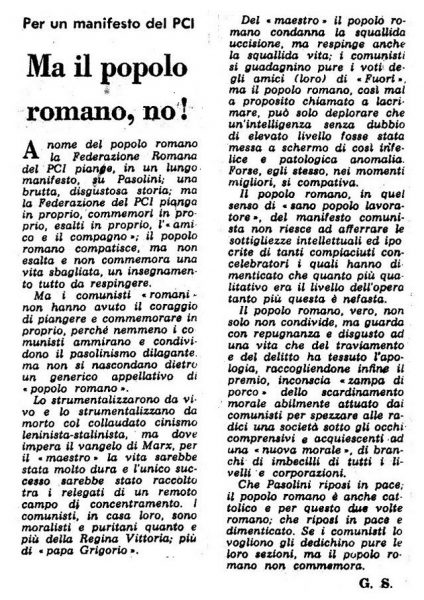 "Il Secolo d’Italia" del 7 novembre 1975 contro il PCI di Roma e il cordoglio per la morte di Pasolini
